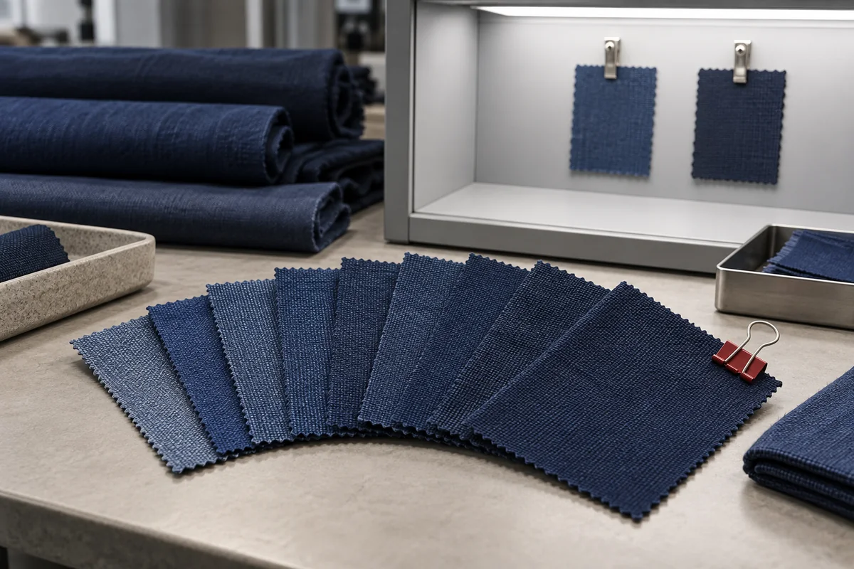 Illustrative fan of navy fabric shade swatches beside a textile viewing cabinet.