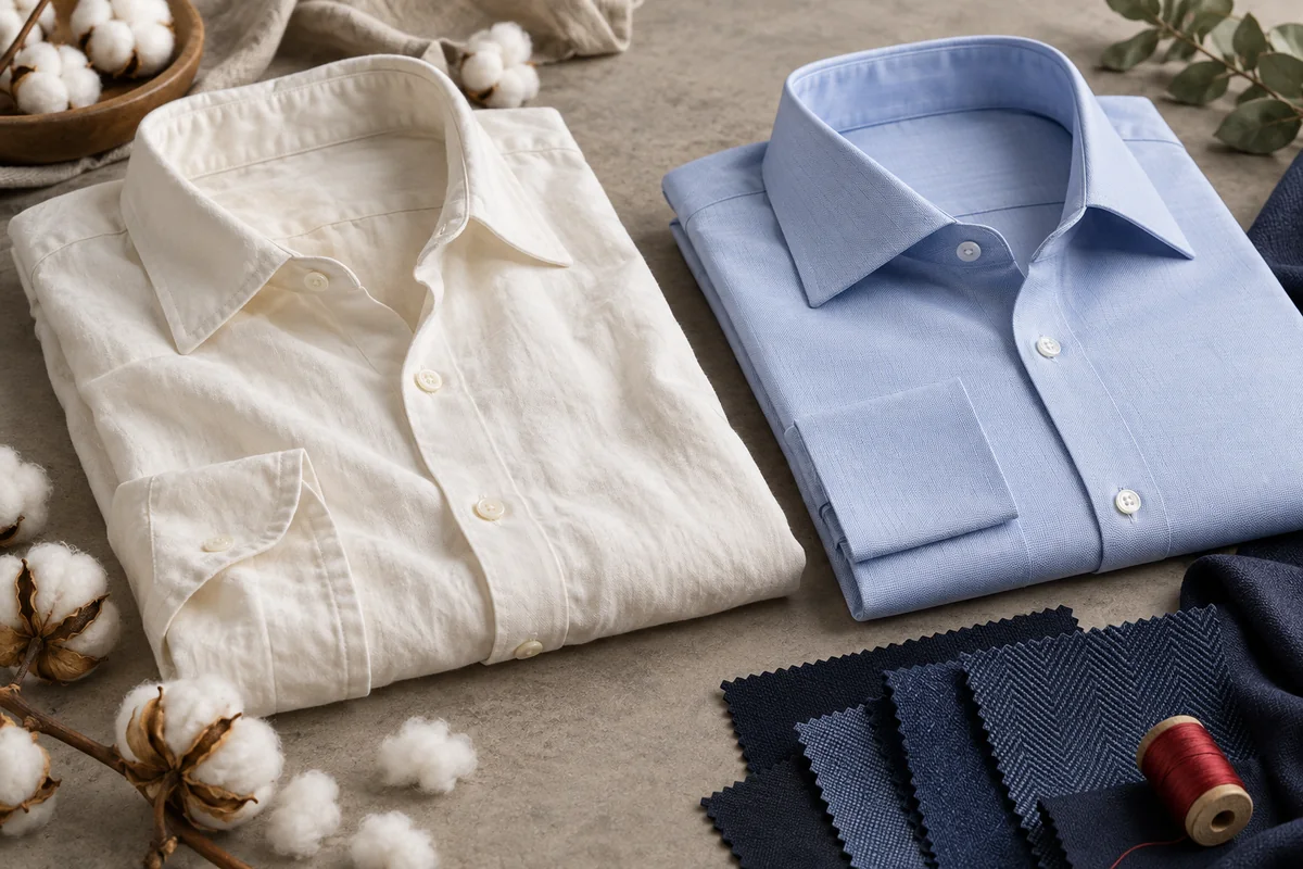 Ivory and pale blue shirts with cotton bolls and fabric swatches.