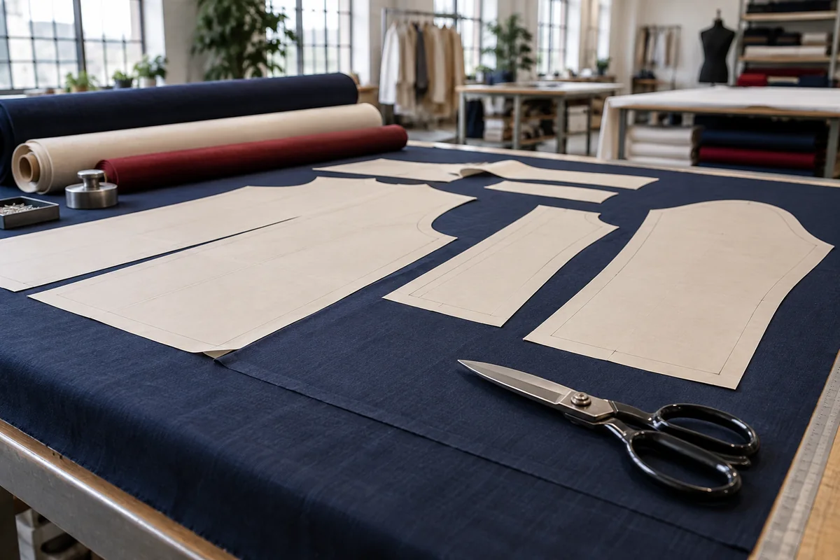 Garment pattern pieces arranged on navy fabric on a cutting table.