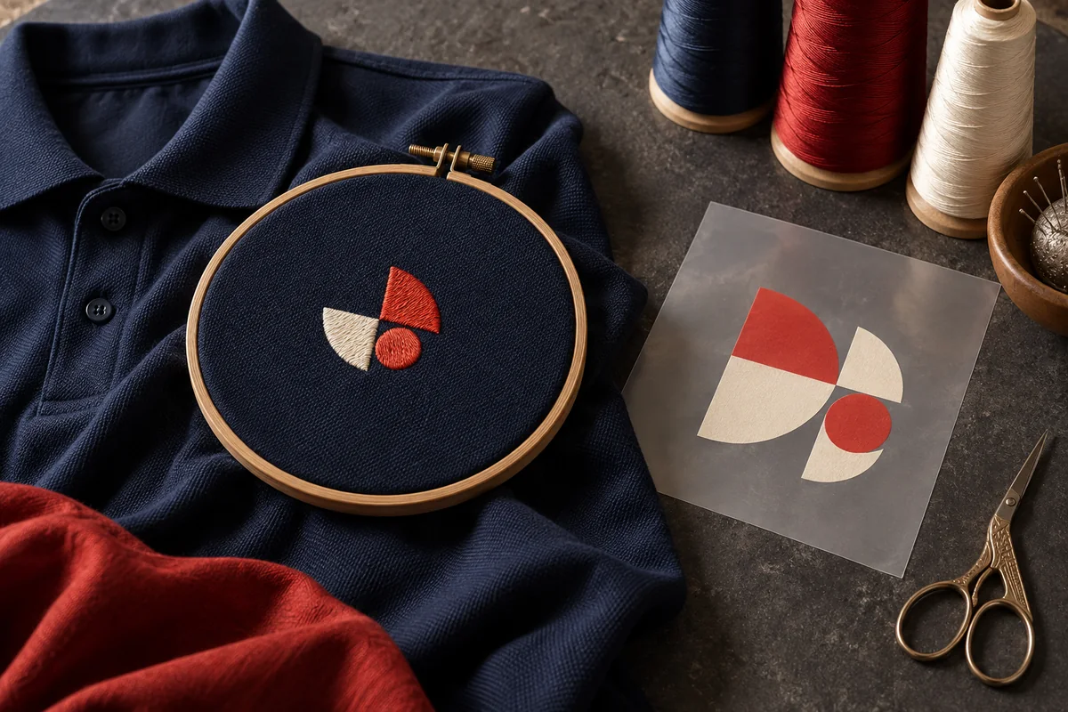 Illustrative embroidered geometric motif beside a printed transfer film and thread cones.