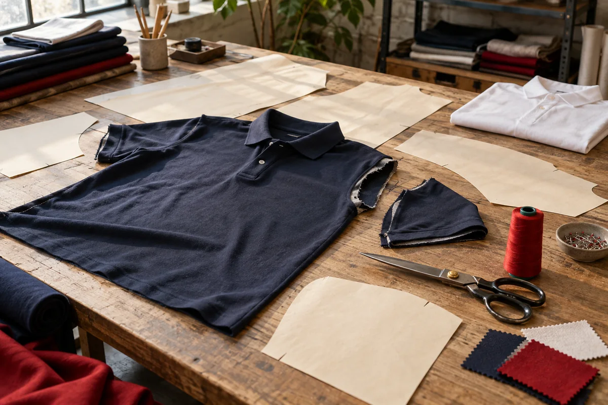 Navy polo components, paper patterns and a white shirt on a garment workbench.