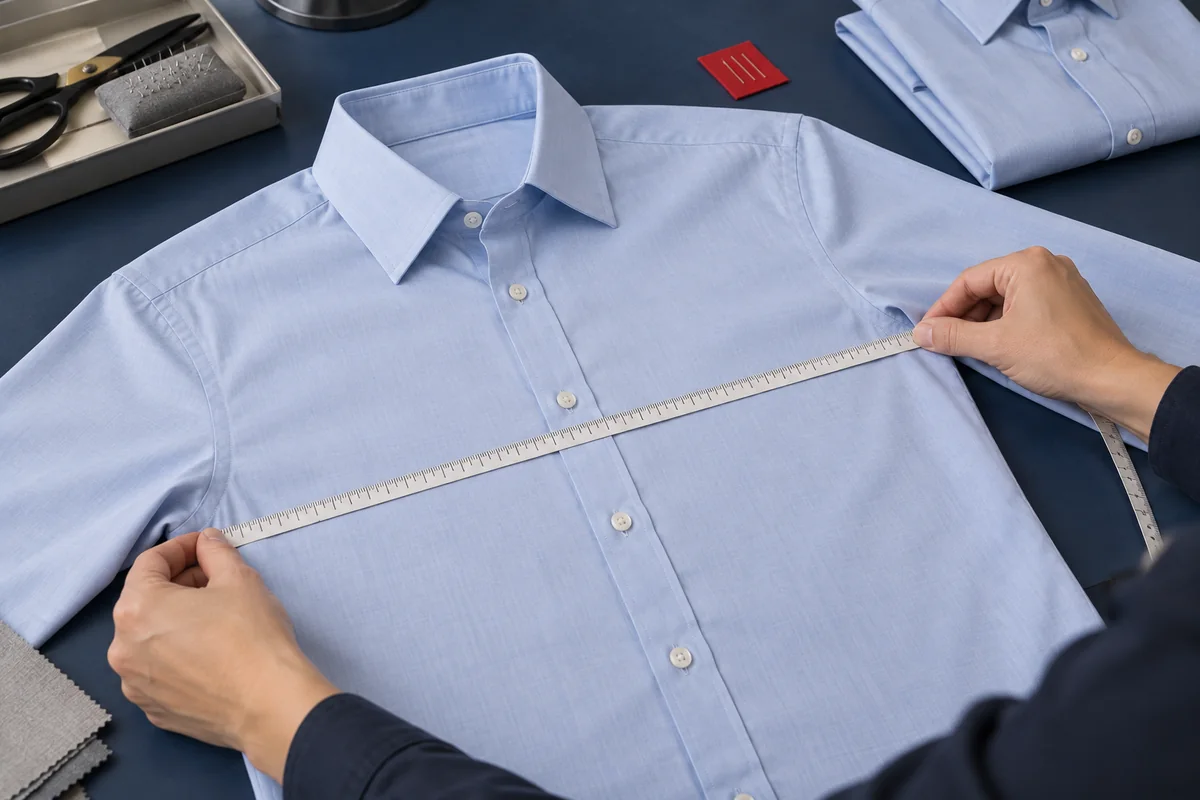 Illustrative garment inspection with a pale blue shirt and measuring tape on a navy table.