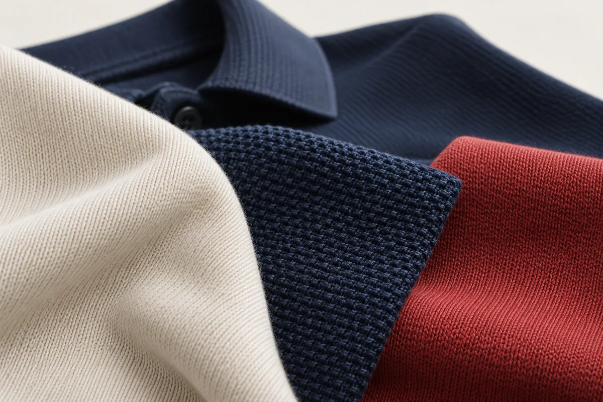 Close view of ivory, navy and muted red knit textures beside a polo collar.