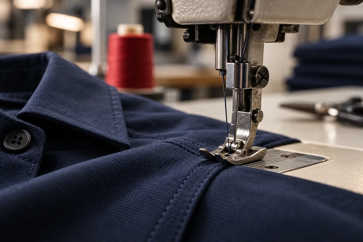Illustrative close-up of an industrial machine stitching a navy shirt seam.