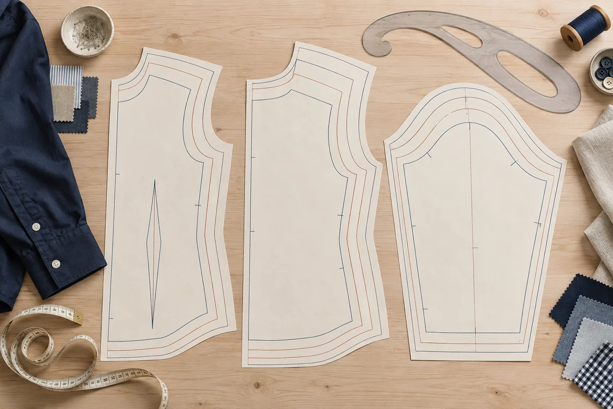 Nested garment pattern outlines and drafting tools on a pale wooden table.