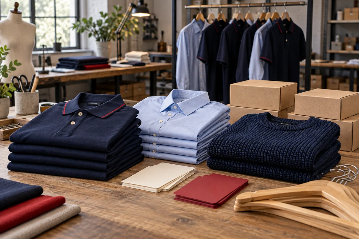 Illustrative small uniform batch with folded polos, formal shirts, a sweater and dispatch boxes.