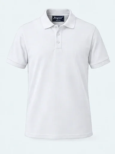 Corporate Matty Polo in White, front studio garment view