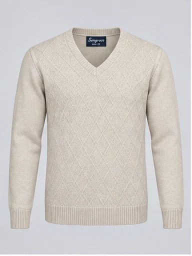 Diamond-Knit V-Neck Sweater in Beige, front studio garment view