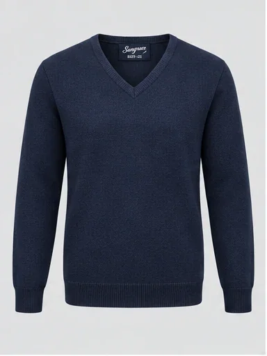 V-Neck Office Sweater in Navy Blue, front studio garment view