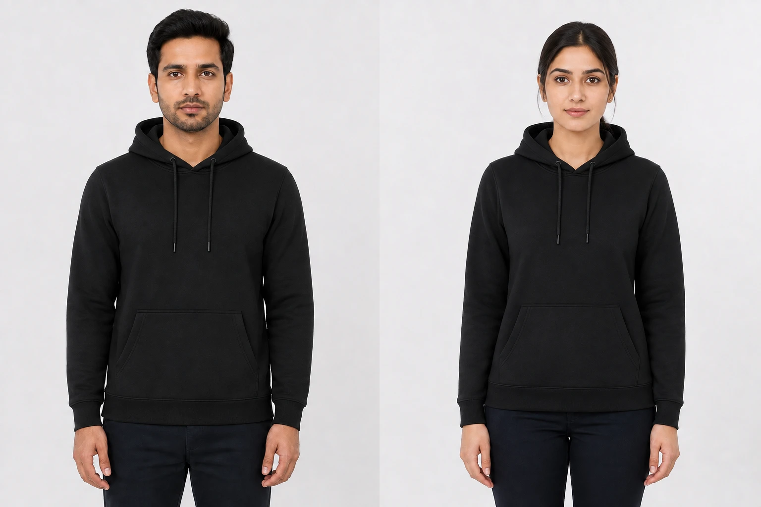 Fleece Pullover Hoodie in Black, front view on the male model