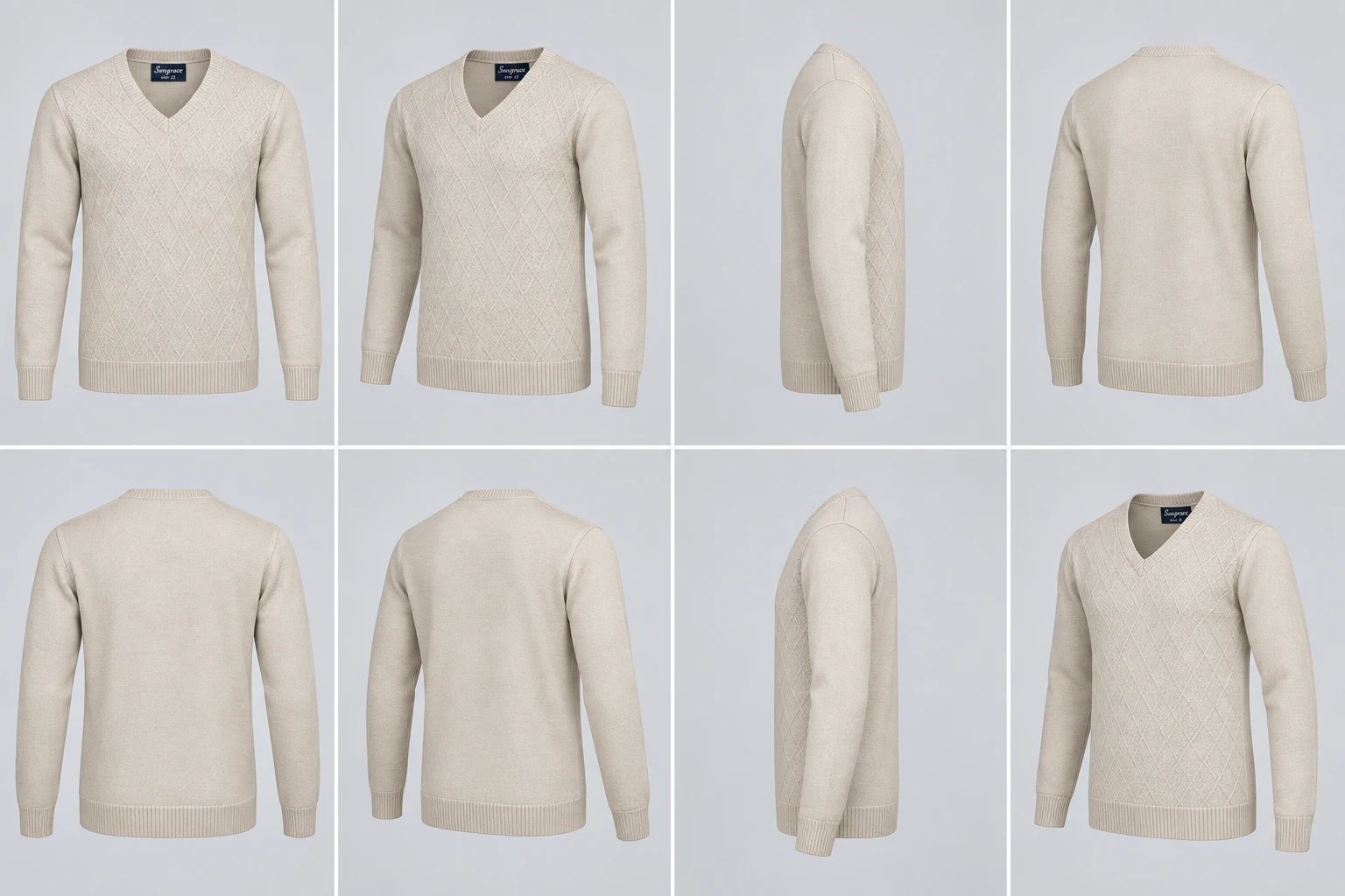 Diamond-Knit V-Neck Sweater in Beige, front studio-style view