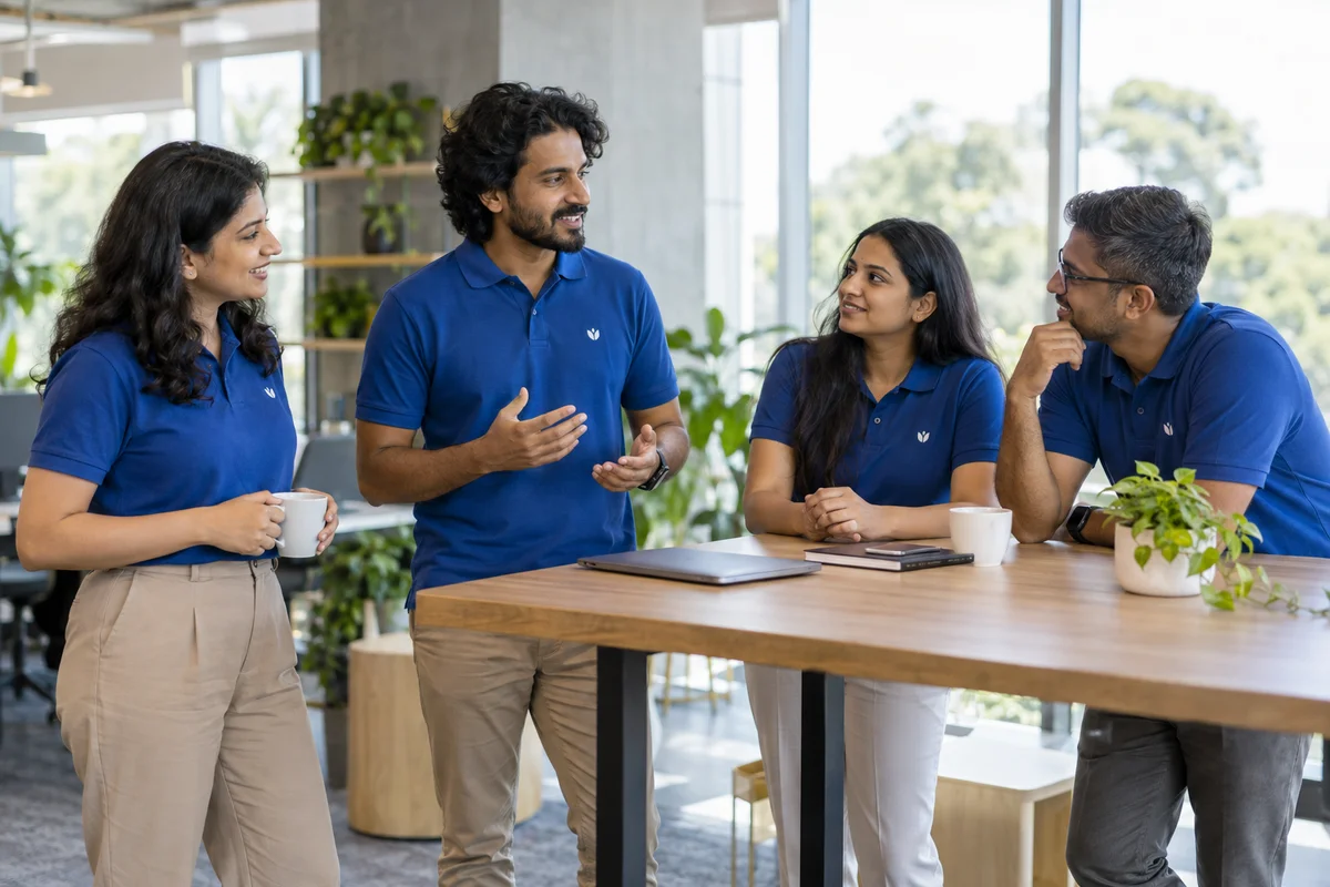Illustrative fictional office team in royal blue polo shirts; Bengaluru-inspired setting