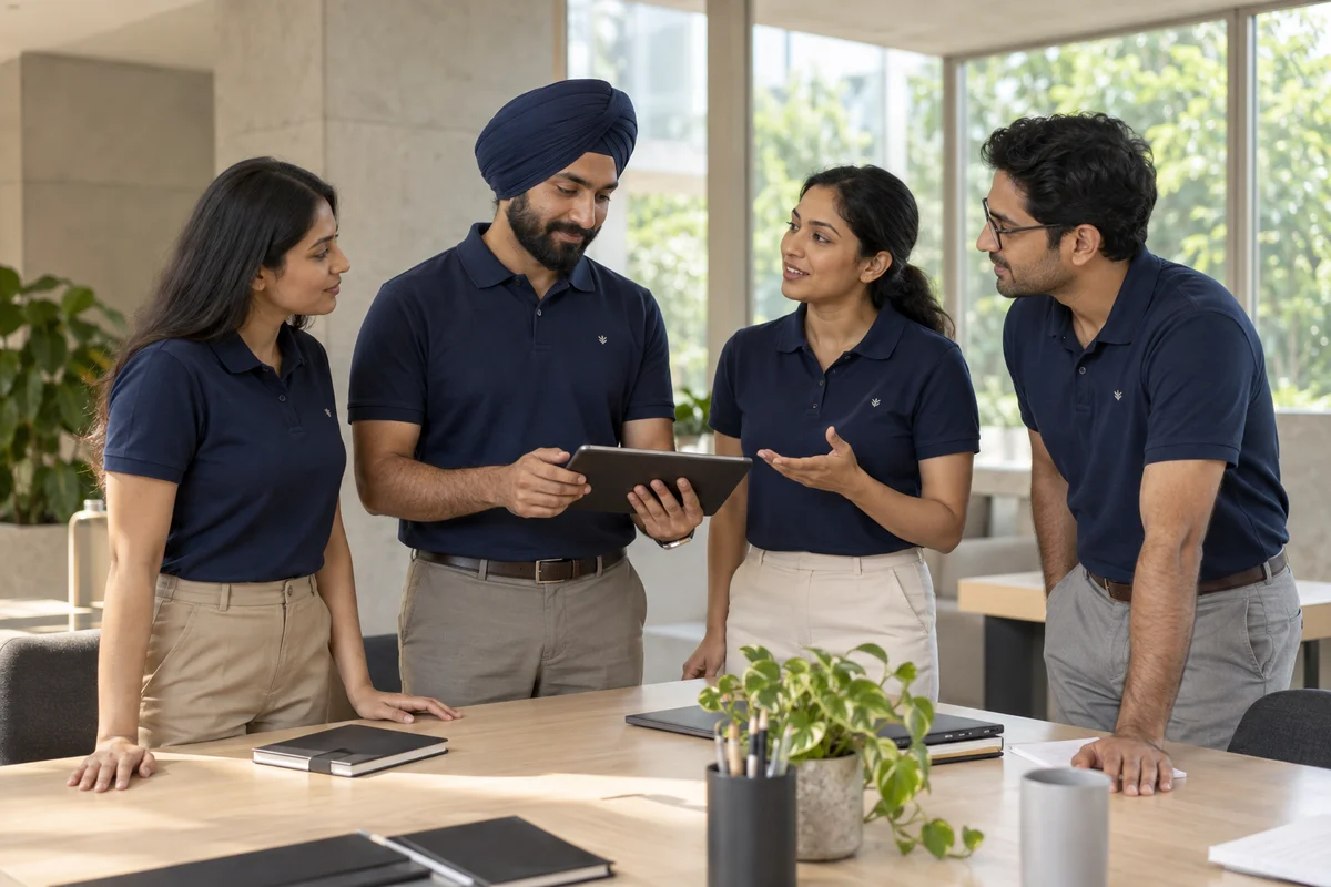 Illustrative fictional office team in navy polo shirts; Chandigarh-inspired setting