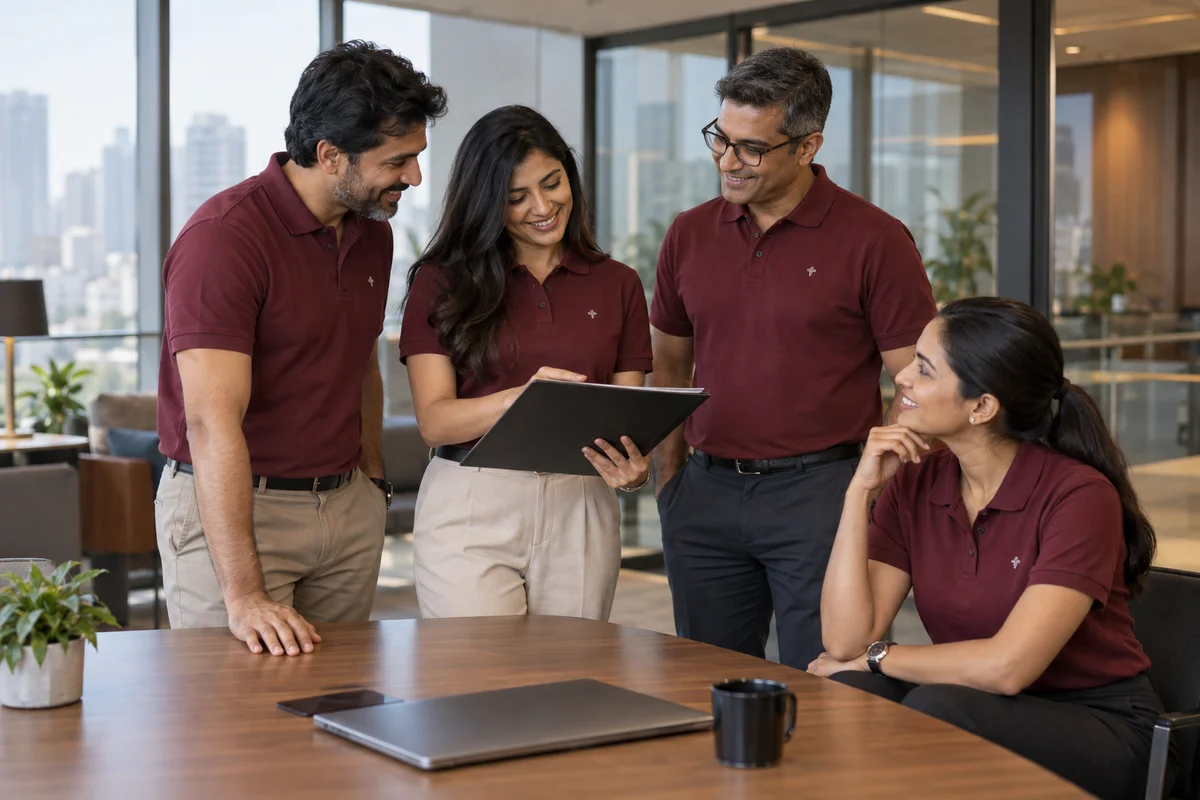Illustrative fictional office team in maroon polo shirts; Gurugram-inspired setting