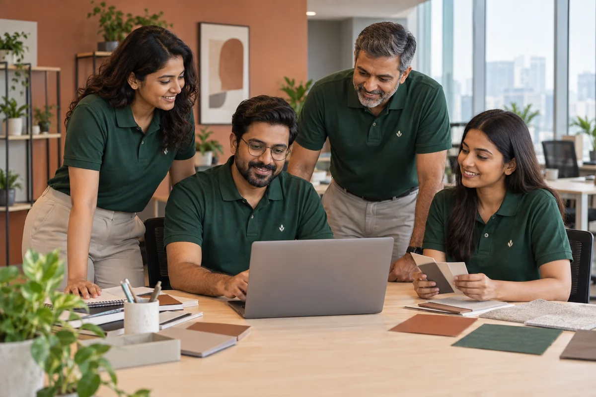 Illustrative fictional office team in bottle green polo shirts; Hyderabad-inspired setting